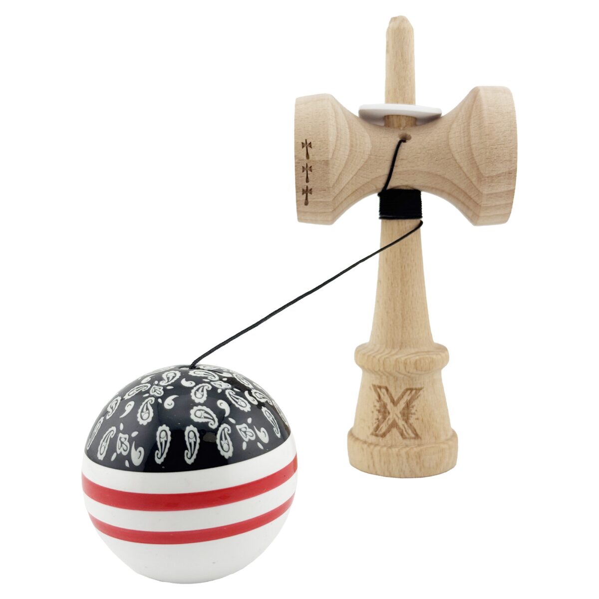 Kendama X Originala CHICANOS, Profesionala, Embo, Cupe Mari KING SIZE V3, Super Sticky, Gaura in Baza, Rulment Metalic, din lemn 18 cm, Ata 55 cm, Negru/Alb - imagine 4