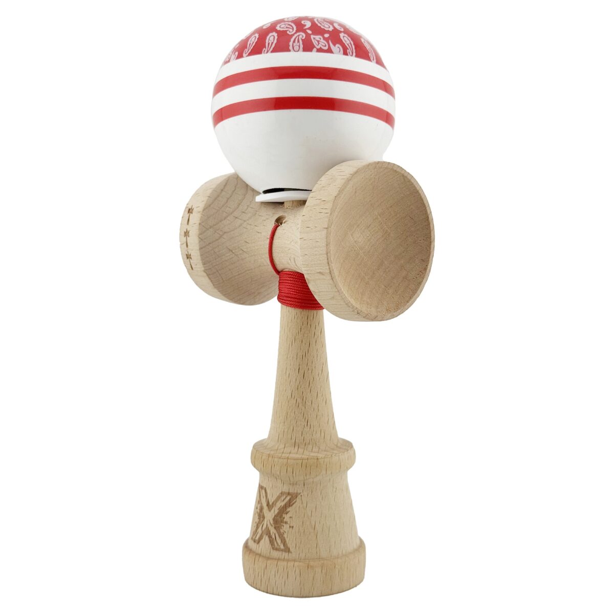 Kendama X Originala CHICANOS, Profesionala, Embo, Cupe Mari KING SIZE V3, Super Sticky, Gaura in Baza, Rulment Metalic, din lemn 18 cm, Ata 55 cm, Rosu/Alb - imagine 3