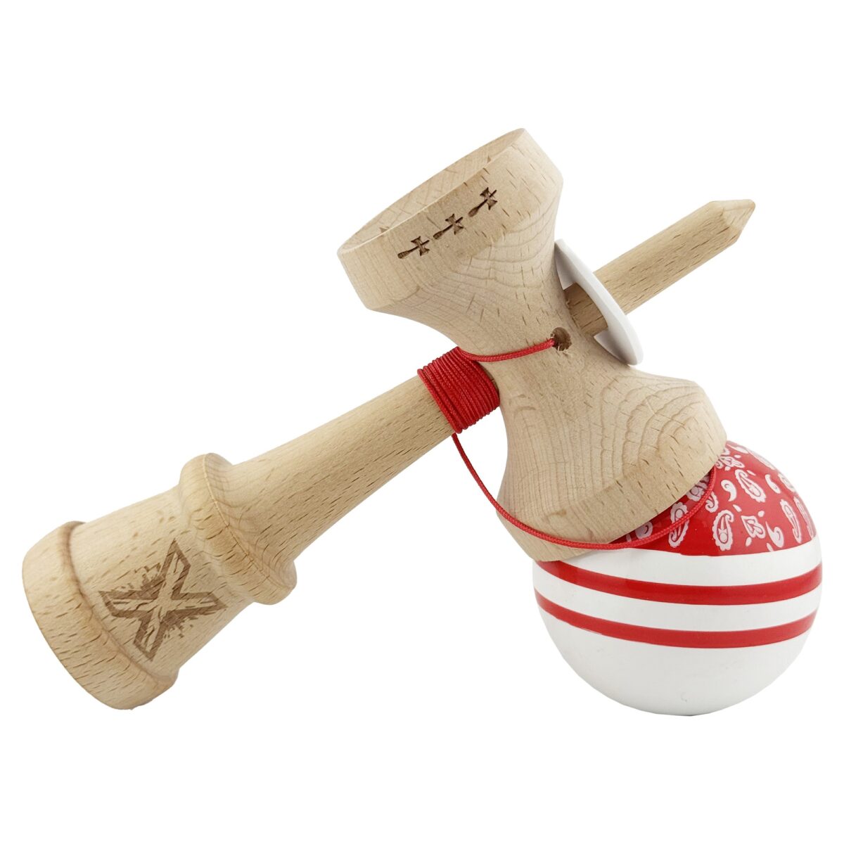 Kendama X Originala CHICANOS, Profesionala, Embo, Cupe Mari KING SIZE V3, Super Sticky, Gaura in Baza, Rulment Metalic, din lemn 18 cm, Ata 55 cm, Rosu/Alb - imagine 5