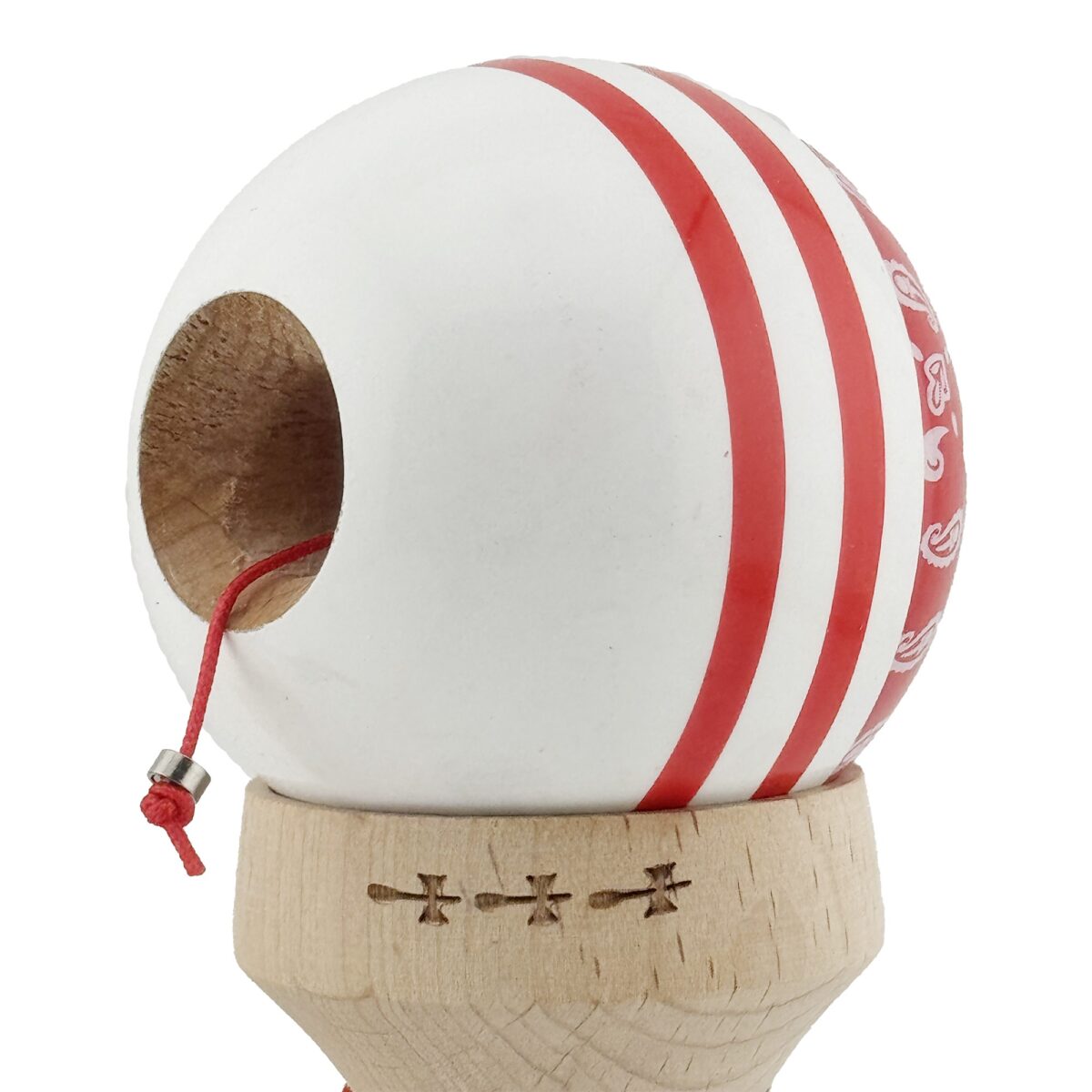 Kendama X Originala CHICANOS, Profesionala, Embo, Cupe Mari KING SIZE V3, Super Sticky, Gaura in Baza, Rulment Metalic, din lemn 18 cm, Ata 55 cm, Rosu/Alb - imagine 6