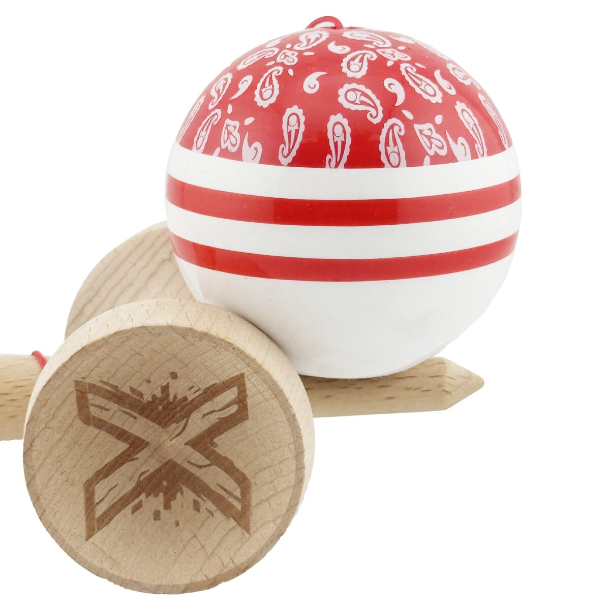Kendama X Originala CHICANOS, Profesionala, Embo, Cupe Mari KING SIZE V3, Super Sticky, Gaura in Baza, Rulment Metalic, din lemn 18 cm, Ata 55 cm, Rosu/Alb - imagine 8