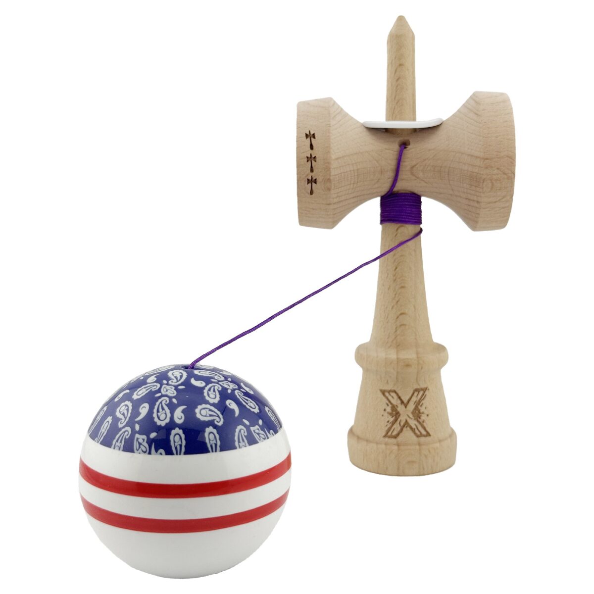 Kendama X Originala CHICANOS, Profesionala, Embo, Cupe Mari KING SIZE V3, Super Sticky, Gaura in Baza, Rulment Metalic, din lemn 18 cm, Ata 55 cm, Mov/Alb - imagine 4