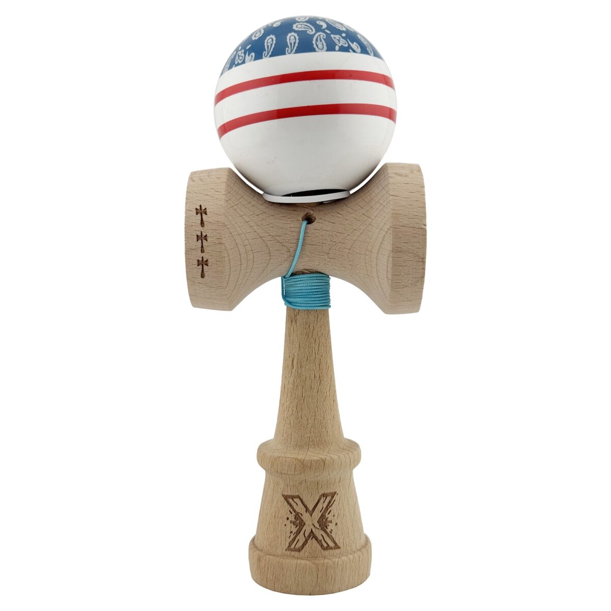 Kendama X Originala CHICANOS, Profesionala, Embo, Cupe Mari KING SIZE V3, Super Sticky, Gaura in Baza, Rulment Metalic, din lemn 18 cm, Ata 55 cm, Albastru/Alb - imagine 2