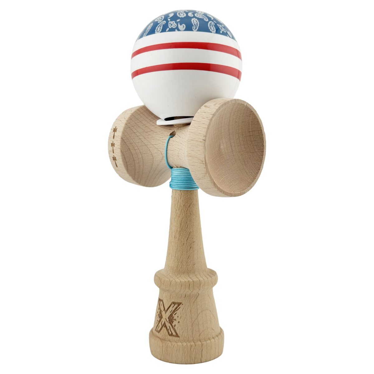 Kendama X Originala CHICANOS, Profesionala, Embo, Cupe Mari KING SIZE V3, Super Sticky, Gaura in Baza, Rulment Metalic, din lemn 18 cm, Ata 55 cm, Albastru/Alb - imagine 3