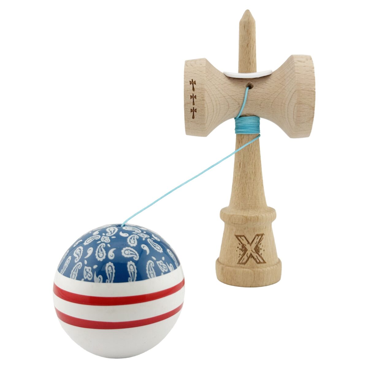 Kendama X Originala CHICANOS, Profesionala, Embo, Cupe Mari KING SIZE V3, Super Sticky, Gaura in Baza, Rulment Metalic, din lemn 18 cm, Ata 55 cm, Albastru/Alb - imagine 4
