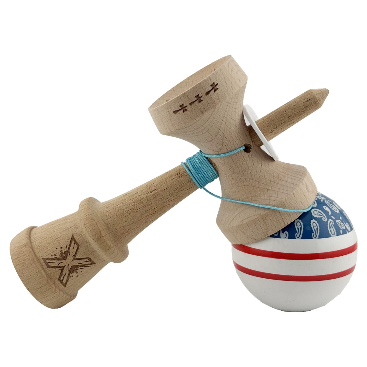 Kendama X Originala CHICANOS, Profesionala, Embo, Cupe Mari KING SIZE V3, Super Sticky, Gaura in Baza, Rulment Metalic, din lemn 18 cm, Ata 55 cm, Albastru/Alb - imagine 5