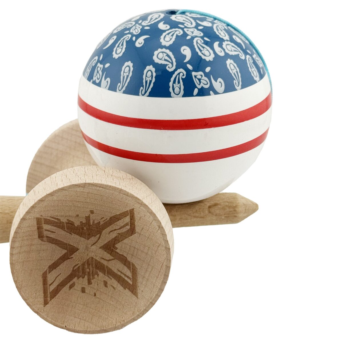 Kendama X Originala CHICANOS, Profesionala, Embo, Cupe Mari KING SIZE V3, Super Sticky, Gaura in Baza, Rulment Metalic, din lemn 18 cm, Ata 55 cm, Albastru/Alb - imagine 8