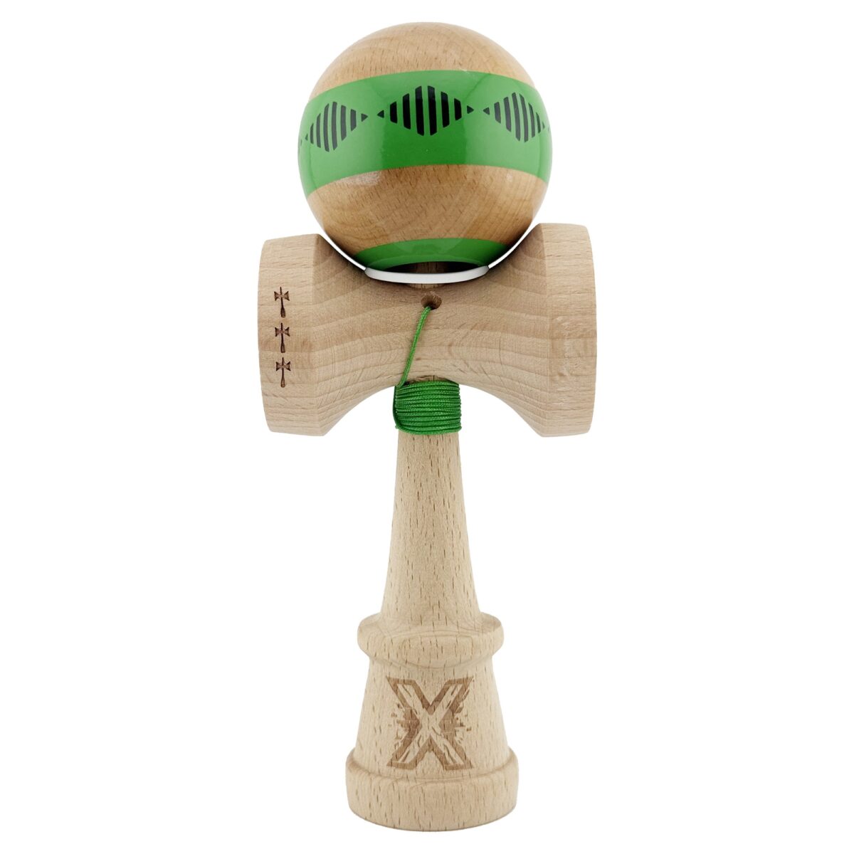 Kendama X Originala FREQUENCY, Profesionala, Embo, Cupe Mari KING SIZE V3, Super Sticky, Gaura in Baza, Rulment Metalic, din lemn 18 cm, Ata 55 cm, Verde/Maro - imagine 2