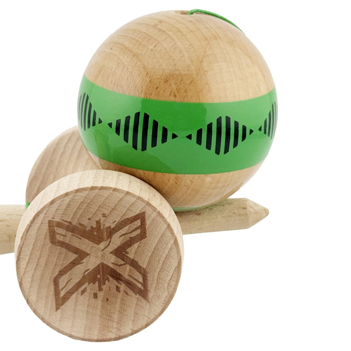 Kendama X Originala FREQUENCY, Profesionala, Embo, Cupe Mari KING SIZE V3, Super Sticky, Gaura in Baza, Rulment Metalic, din lemn 18 cm, Ata 55 cm, Verde/Maro - imagine 8