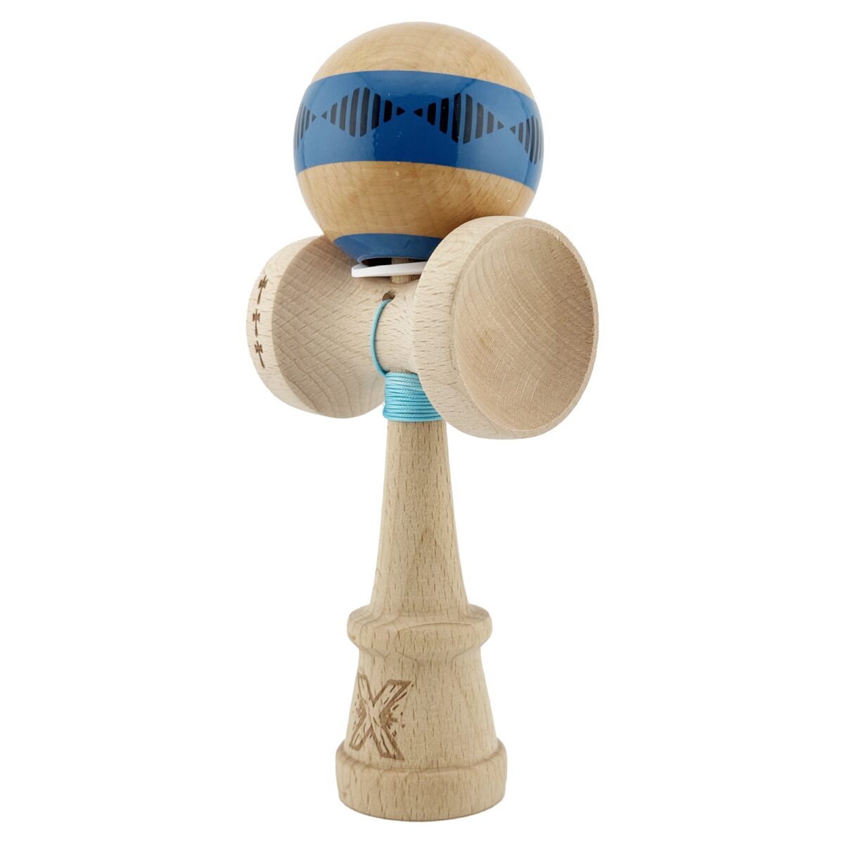 Kendama X Originala FREQUENCY, Profesionala, Embo, Cupe Mari KING SIZE V3, Super Sticky, Gaura in Baza, Rulment Metalic, din lemn 18 cm, Ata 55 cm, Albastru/Maro - imagine 3