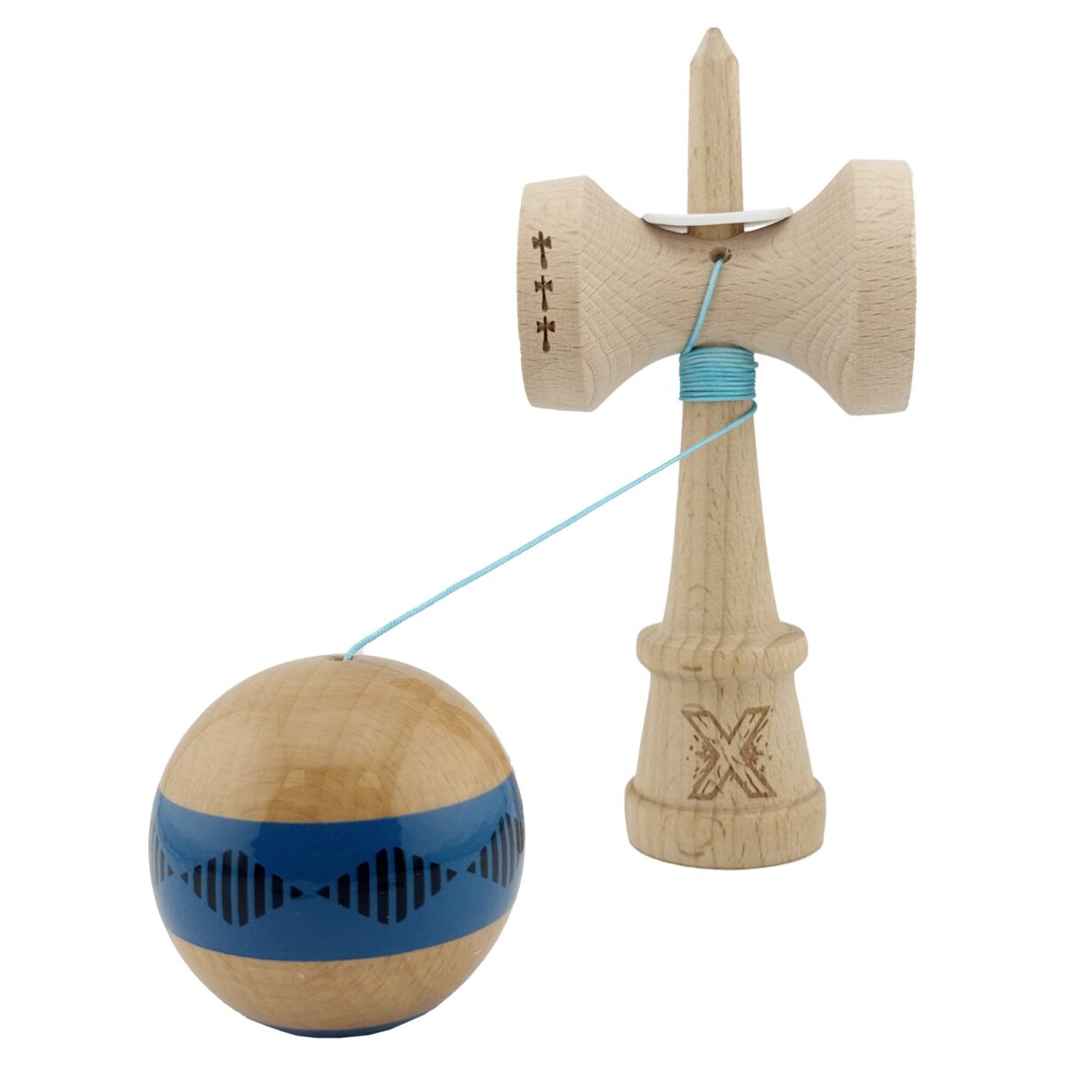 Kendama X Originala FREQUENCY, Profesionala, Embo, Cupe Mari KING SIZE V3, Super Sticky, Gaura in Baza, Rulment Metalic, din lemn 18 cm, Ata 55 cm, Albastru/Maro - imagine 4
