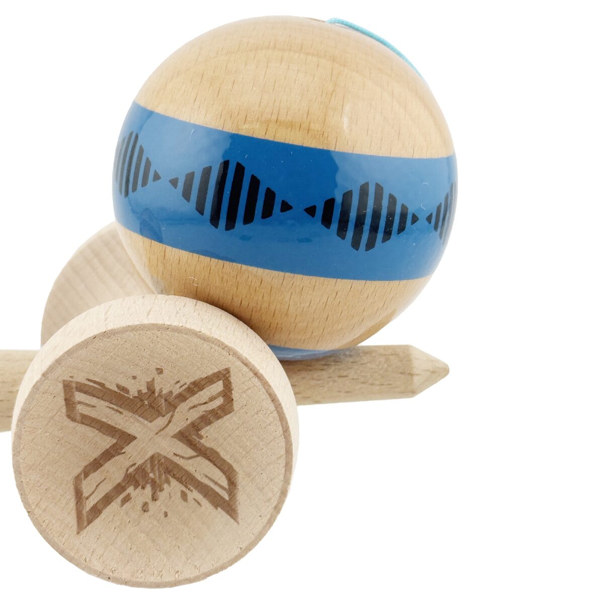 Kendama X Originala FREQUENCY, Profesionala, Embo, Cupe Mari KING SIZE V3, Super Sticky, Gaura in Baza, Rulment Metalic, din lemn 18 cm, Ata 55 cm, Albastru/Maro - imagine 8
