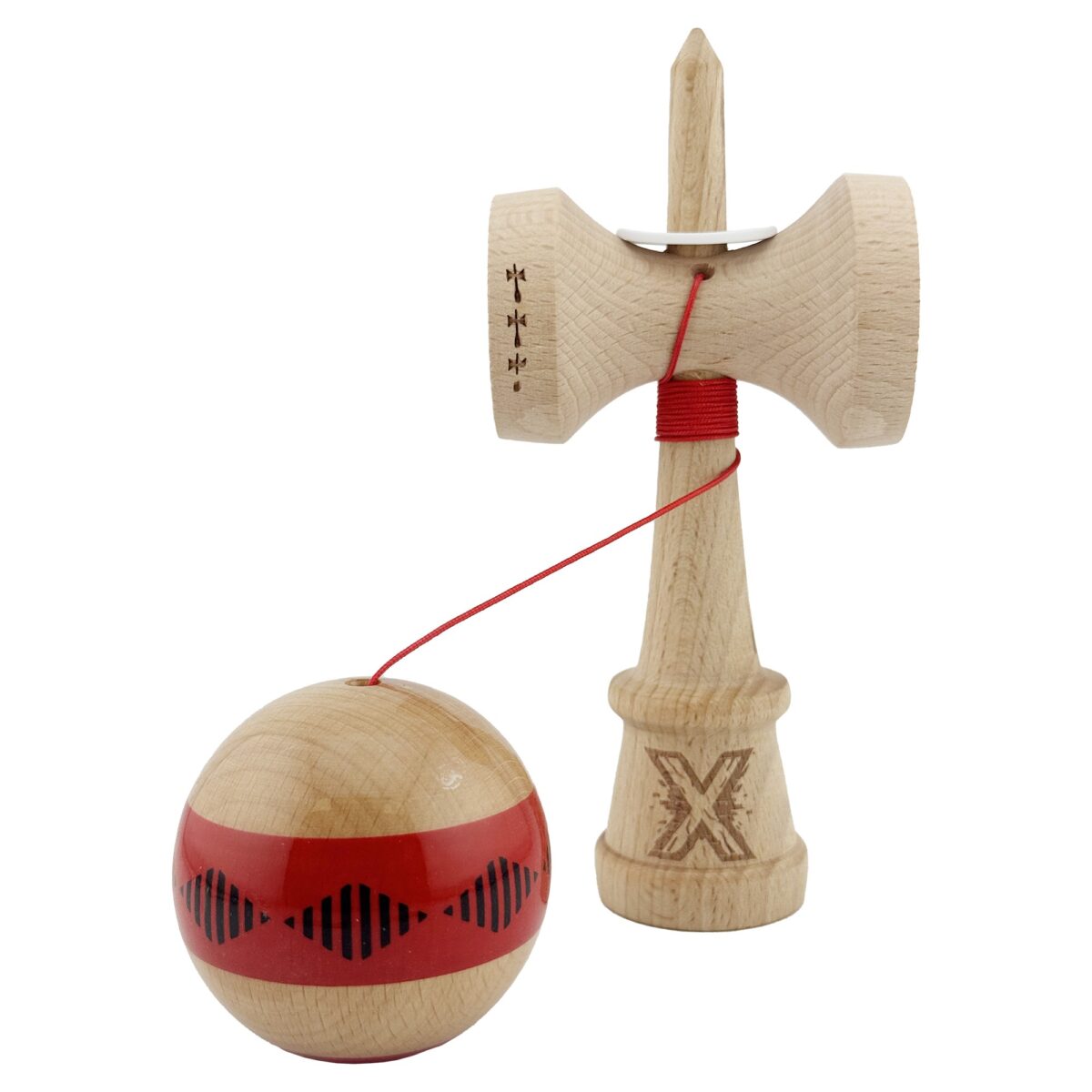 Kendama X Originala FREQUENCY, Profesionala, Embo, Cupe Mari KING SIZE V3, Super Sticky, Gaura in Baza, Rulment Metalic, din lemn 18 cm, Ata 55 cm, Rosu/Maro - imagine 4