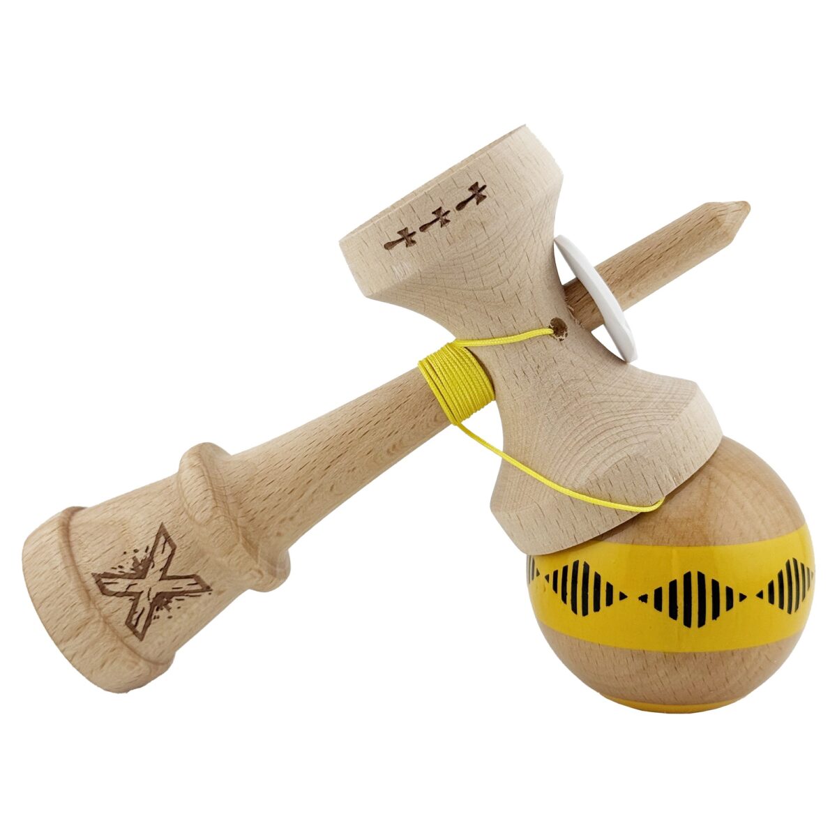 Kendama X Originala FREQUENCY, Profesionala, Embo, Cupe Mari KING SIZE V3, Super Sticky, Gaura in Baza, Rulment Metalic, din lemn 18 cm, Ata 55 cm, Galben/Maro - imagine 5