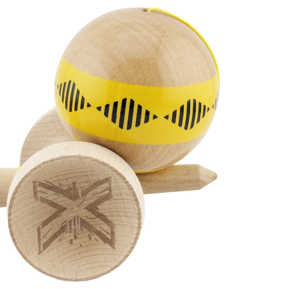 Kendama X Originala FREQUENCY, Profesionala, Embo, Cupe Mari KING SIZE V3, Super Sticky, Gaura in Baza, Rulment Metalic, din lemn 18 cm, Ata 55 cm, Galben/Maro - imagine 8