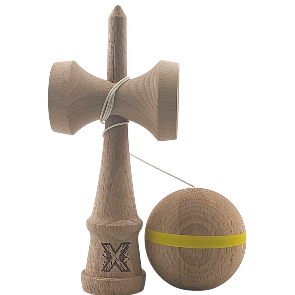 Kendama X Originala, Profesionala, Embo, din Lemn, 18 cm, cu Dunga, Galben, Lemn - imagine 2