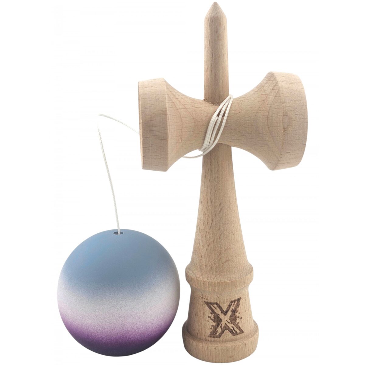 Kendama X Originala, Profesionala, Embo, Rubber Grip, din Lemn, 18 cm, Gri/Alb/Mov - imagine 4