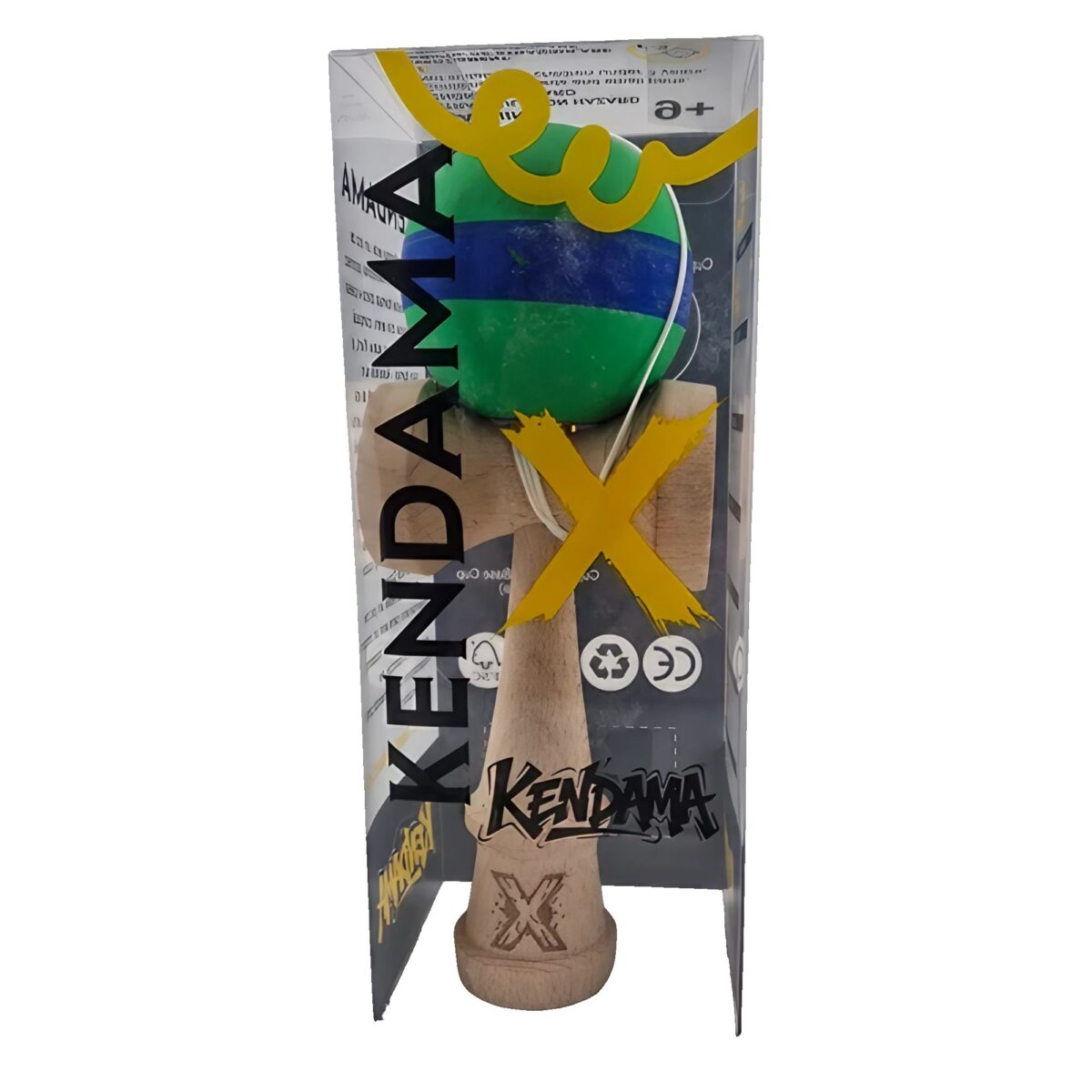 Kendama X Originala, Profesionala, Embo, 18 cm, din Lemn, Rubber Grip, Verde/Albastru - imagine 2