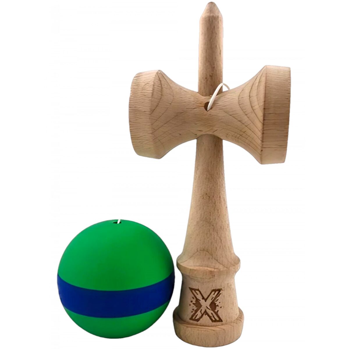 Kendama X Originala, Profesionala, Embo, 18 cm, din Lemn, Rubber Grip, Verde/Albastru - imagine 3