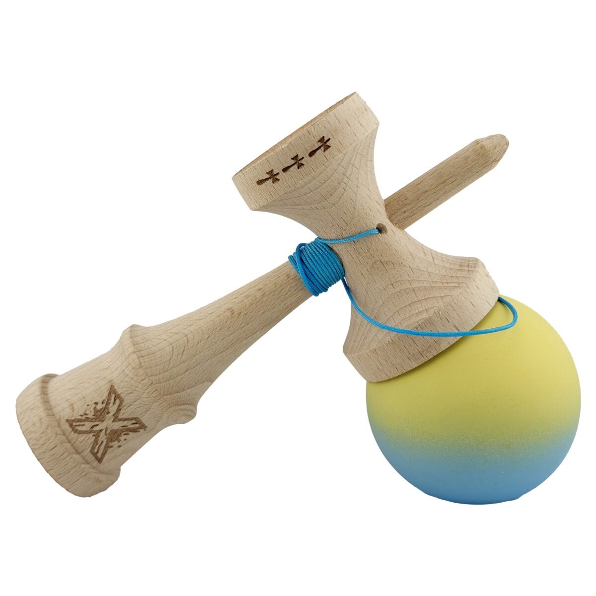 Kendama X Originala, Profesionala, Embo, Big Cups V2, Rubber Grip cu Cupe Mari, Rulment Metalic cu Ata 55 cm,Â Gradient Galben/Albastru - imagine 8