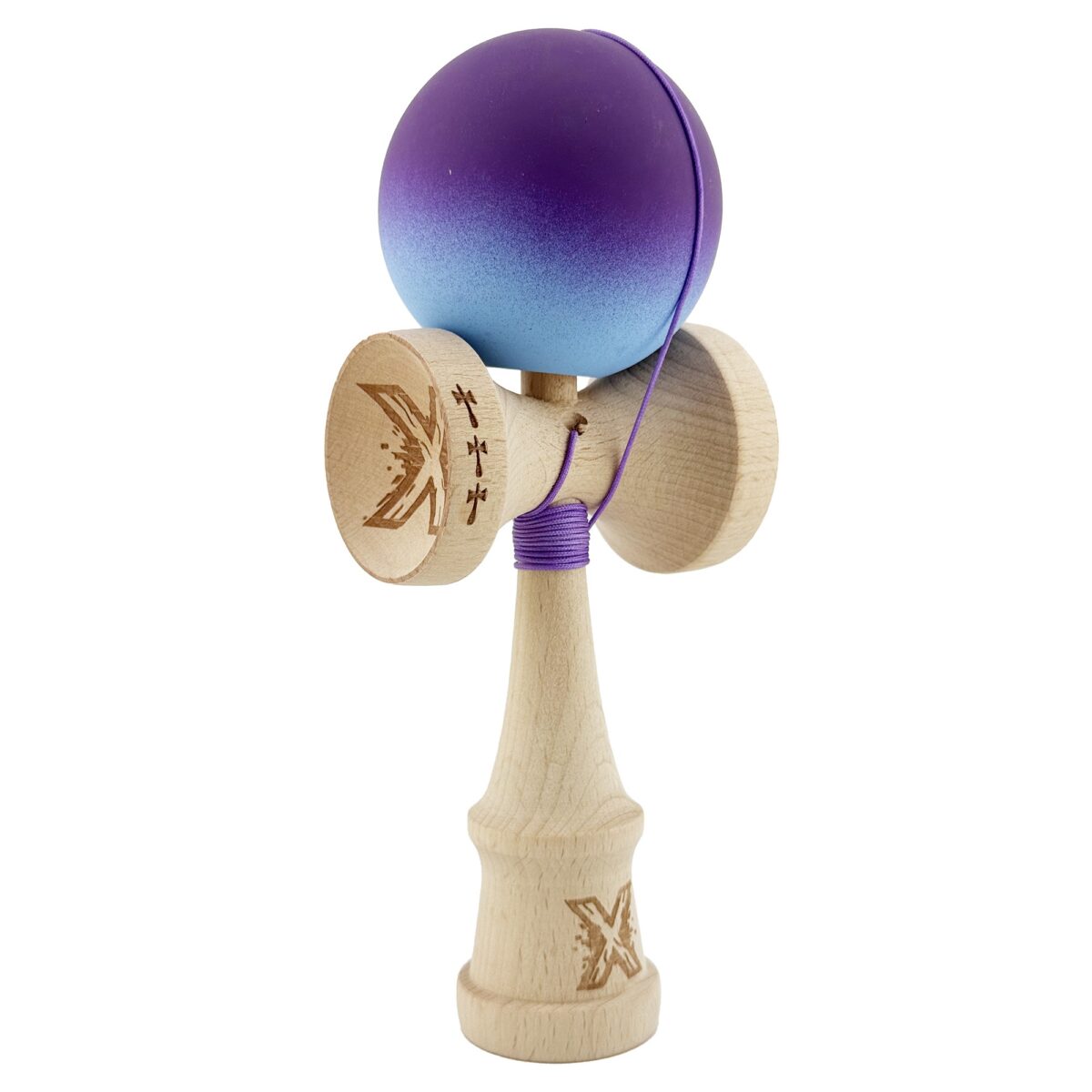 Kendama X Originala, Profesionala, Embo, Big Cups V2, Rubber Grip cu Cupe Mari, Rulment Metalic cu Ata 55 cm, Violet/Albastru - imagine 2