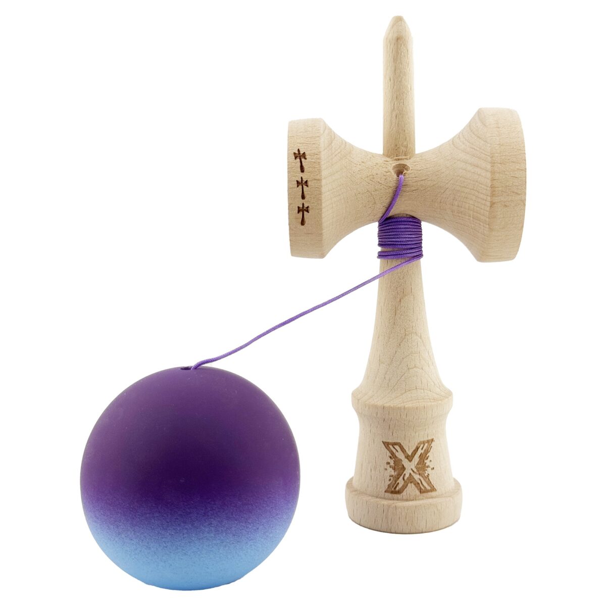 Kendama X Originala, Profesionala, Embo, Big Cups V2, Rubber Grip cu Cupe Mari, Rulment Metalic cu Ata 55 cm, Violet/Albastru - imagine 3
