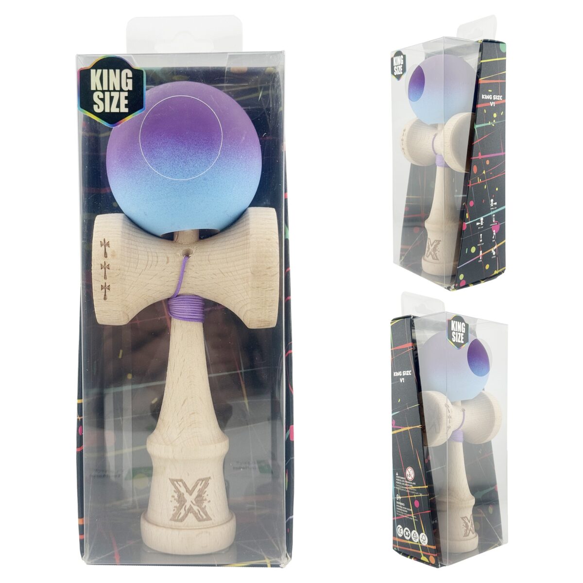 Kendama X Originala, Profesionala, Embo, Big Cups V2, Rubber Grip cu Cupe Mari, Rulment Metalic cu Ata 55 cm, Violet/Albastru - imagine 10