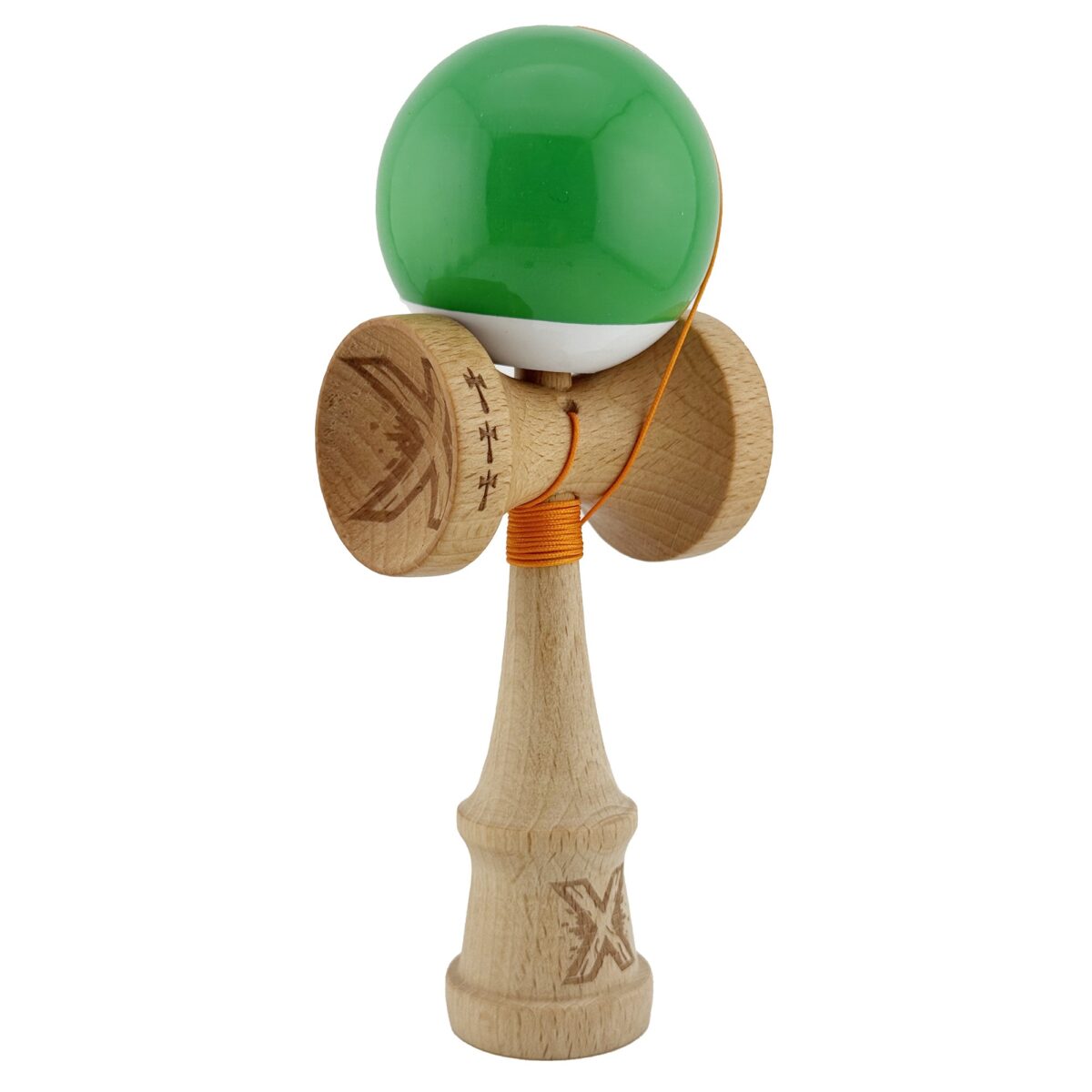 Kendama X Originala, Profesionala, Embo, Big Cups V2, Super Sticky cu Cupe Mari, din lemn 18 cm, Rulment Metalic cu Ata 55 cm, Verde/Alb - imagine 2