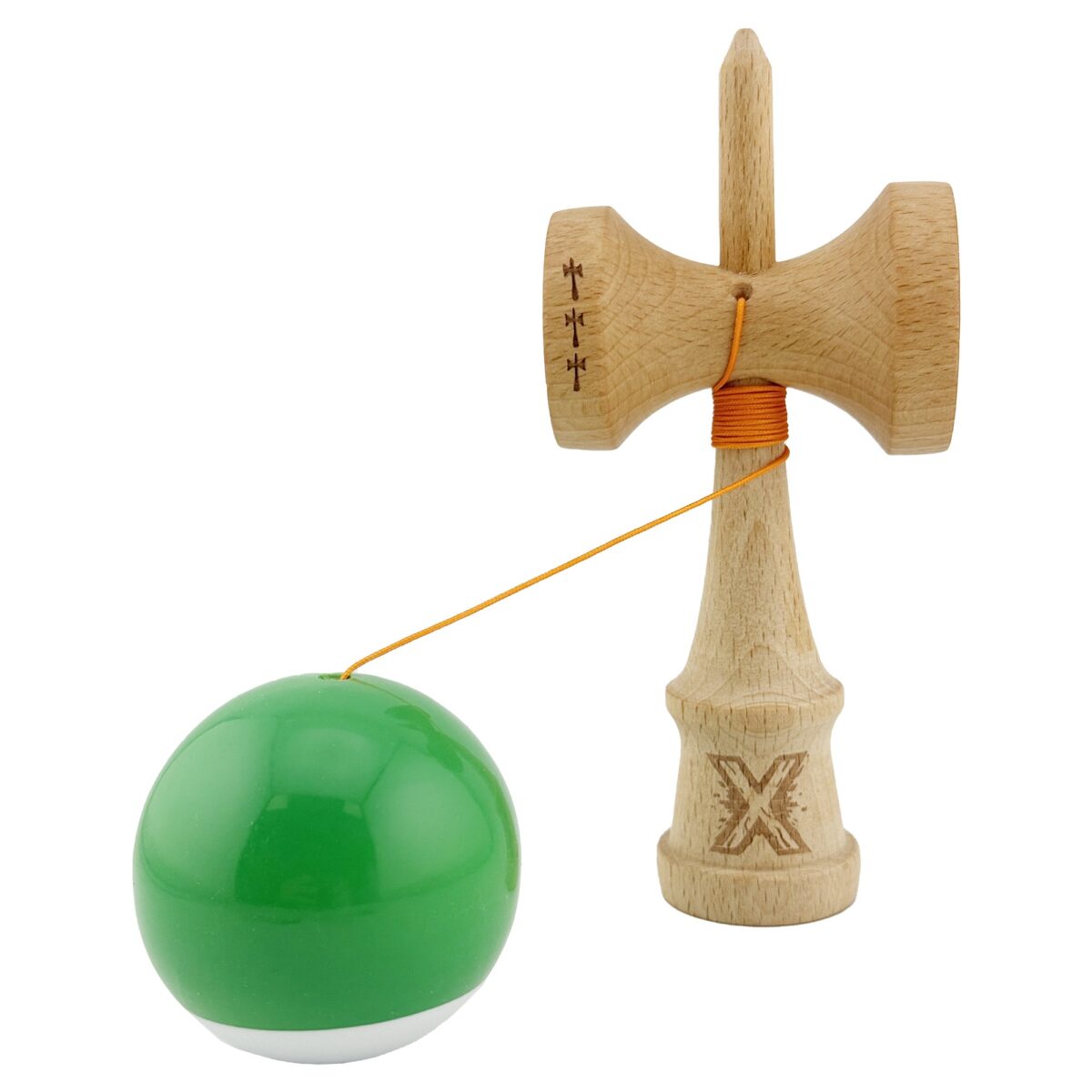 Kendama X Originala, Profesionala, Embo, Big Cups V2, Super Sticky cu Cupe Mari, din lemn 18 cm, Rulment Metalic cu Ata 55 cm, Verde/Alb - imagine 3