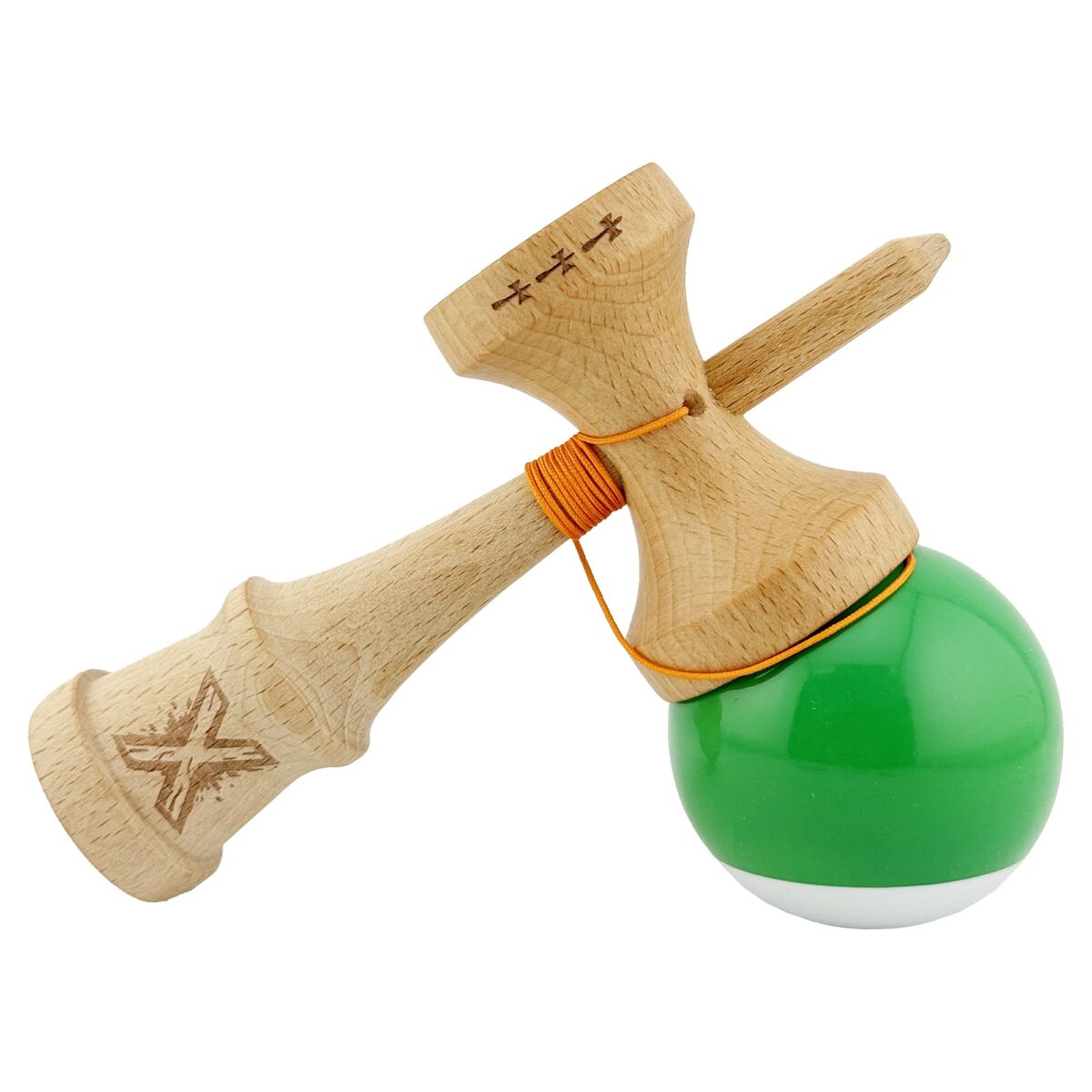 Kendama X Originala, Profesionala, Embo, Big Cups V2, Super Sticky cu Cupe Mari, din lemn 18 cm, Rulment Metalic cu Ata 55 cm, Verde/Alb - imagine 4