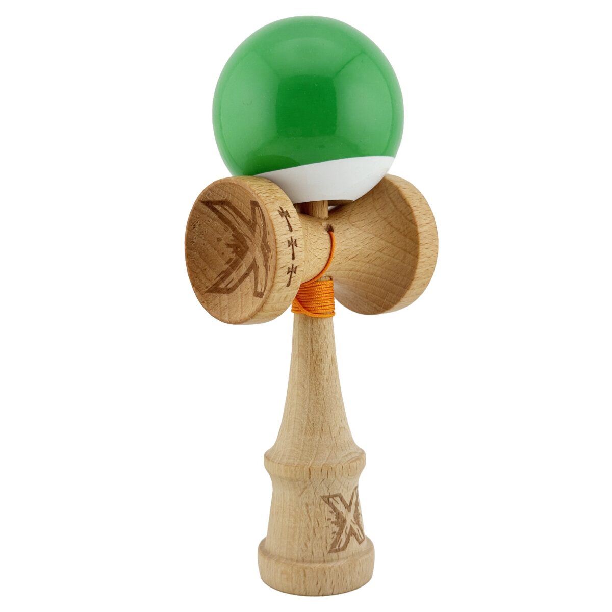 Kendama X Originala, Profesionala, Embo, Big Cups V2, Super Sticky cu Cupe Mari, din lemn 18 cm, Rulment Metalic cu Ata 55 cm, Verde/Alb - imagine 9