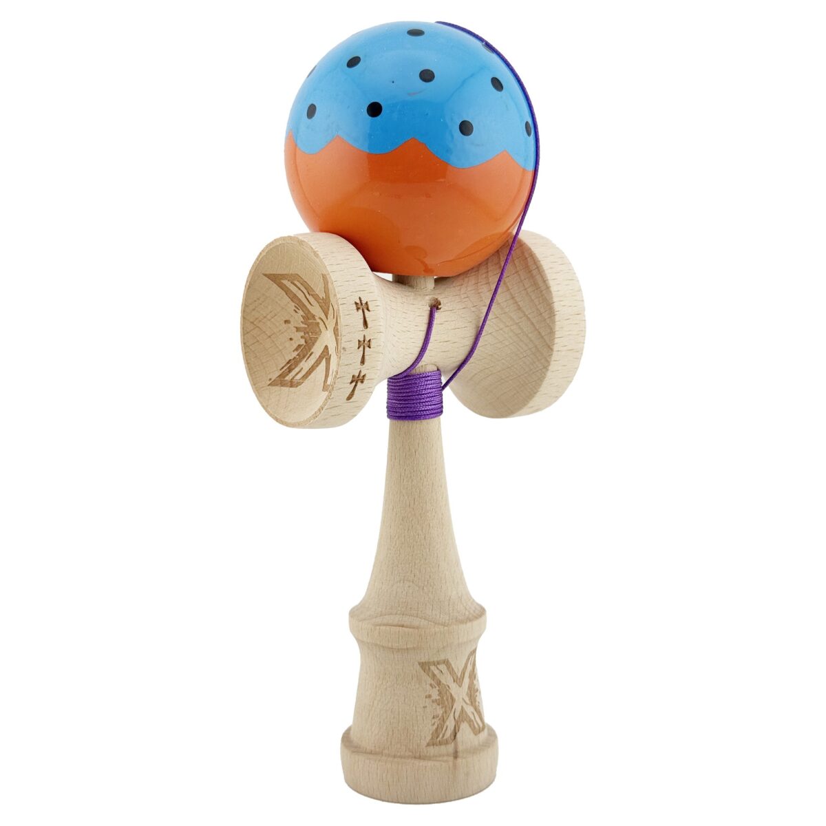 Kendama X Originala, Profesionala, Embo, Big Cups V2, Super Sticky cu Cupe Mari, din lemn 18 cm, Rulment Metalic cu Ata 55 cm, Albastru/Portocaliu - imagine 2
