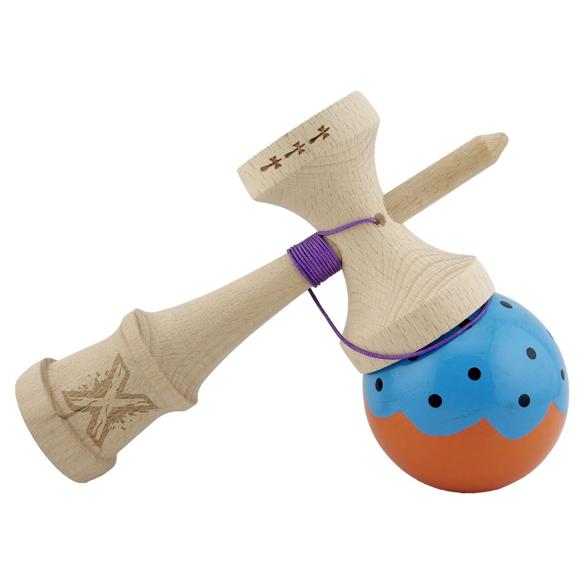 Kendama X Originala, Profesionala, Embo, Big Cups V2, Super Sticky cu Cupe Mari, din lemn 18 cm, Rulment Metalic cu Ata 55 cm, Albastru/Portocaliu - imagine 4