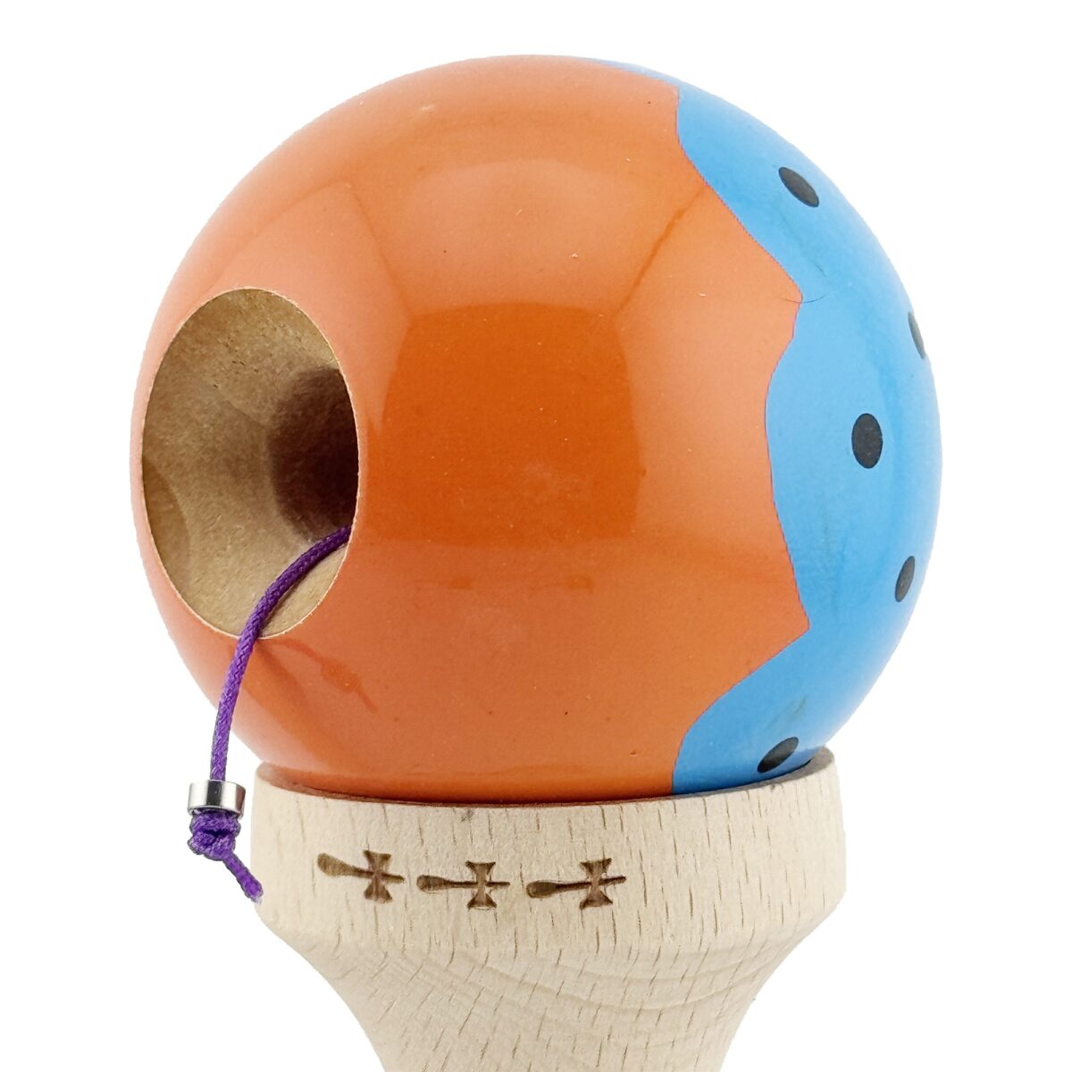 Kendama X Originala, Profesionala, Embo, Big Cups V2, Super Sticky cu Cupe Mari, din lemn 18 cm, Rulment Metalic cu Ata 55 cm, Albastru/Portocaliu - imagine 5