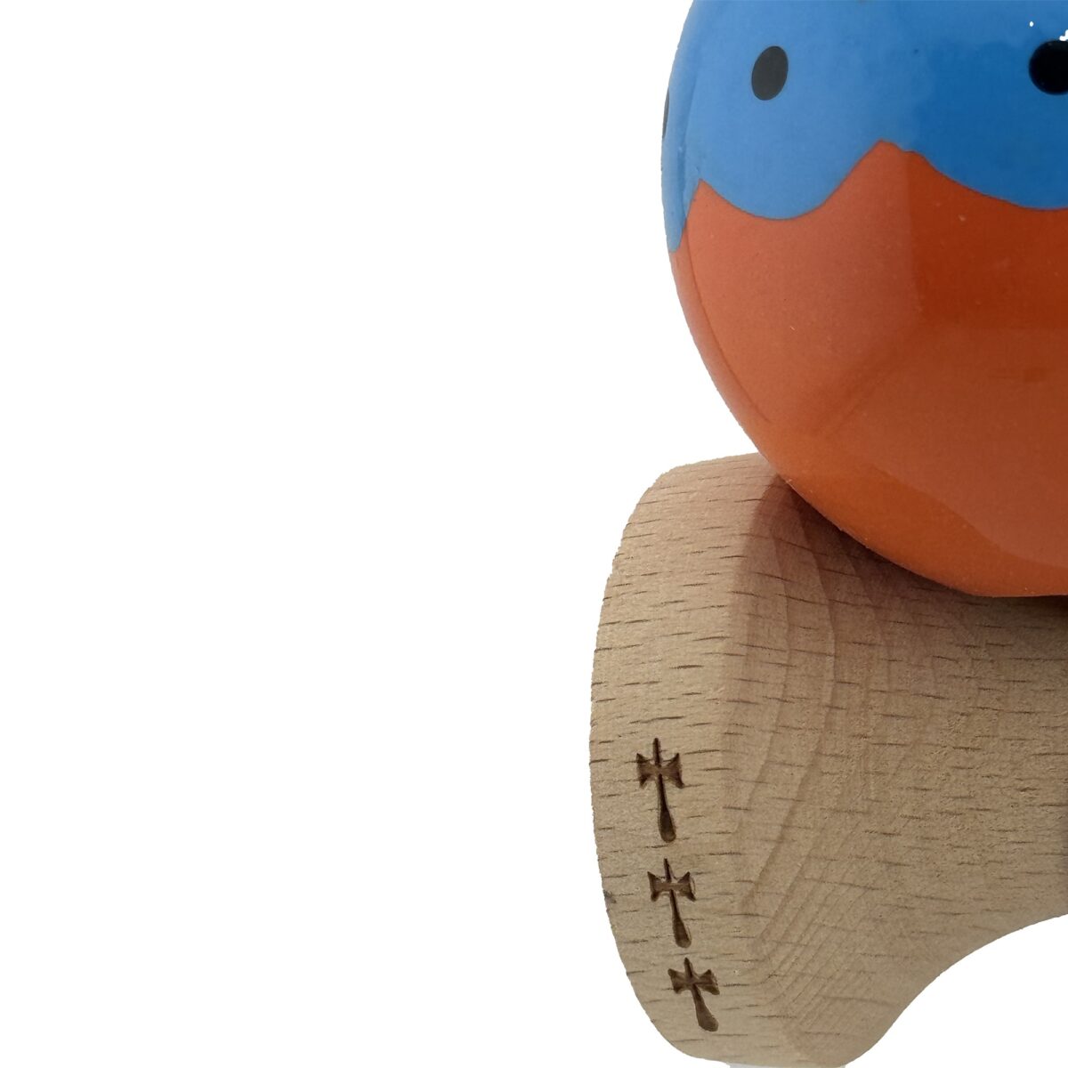 Kendama X Originala, Profesionala, Embo, Big Cups V2, Super Sticky cu Cupe Mari, din lemn 18 cm, Rulment Metalic cu Ata 55 cm, Albastru/Portocaliu - imagine 6