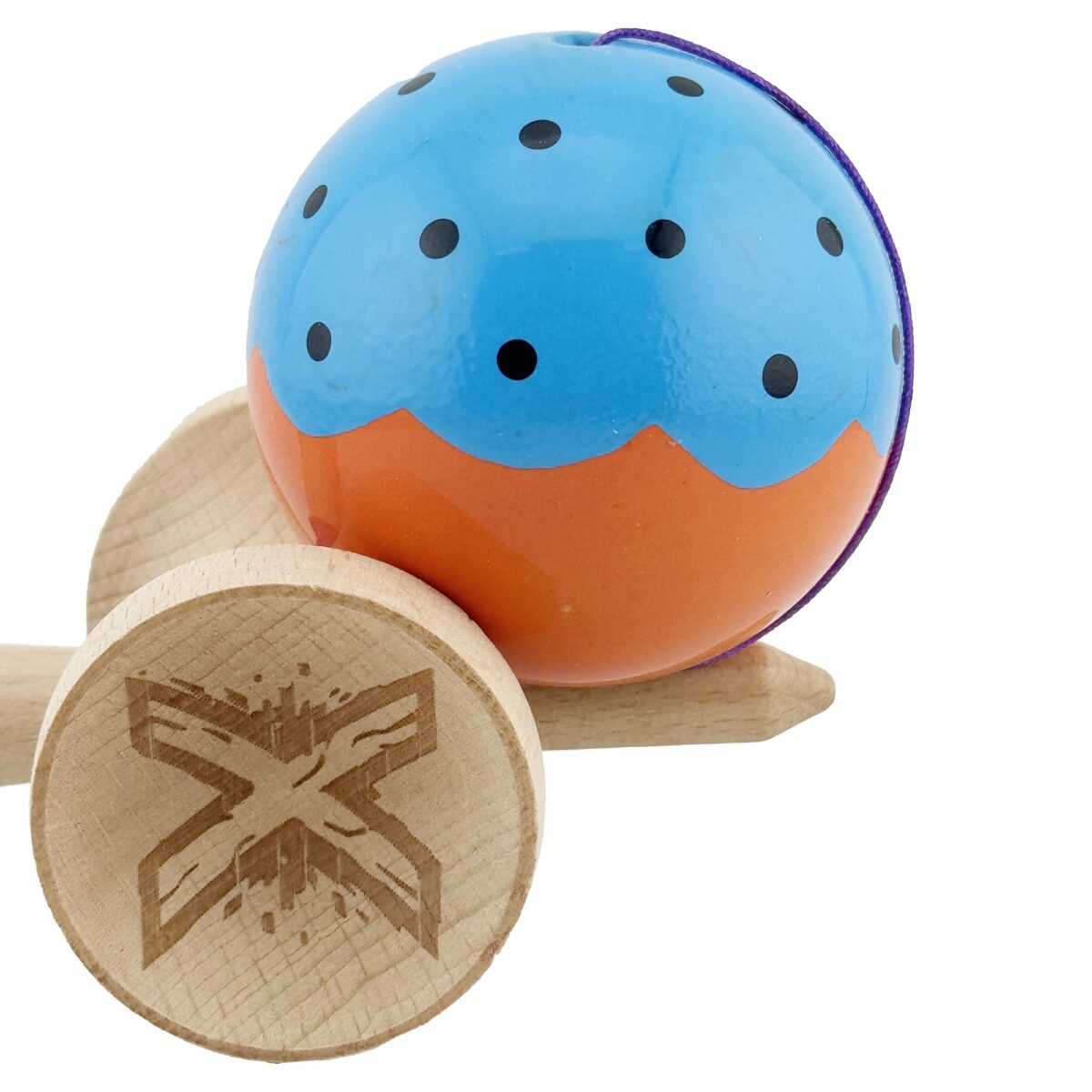 Kendama X Originala, Profesionala, Embo, Big Cups V2, Super Sticky cu Cupe Mari, din lemn 18 cm, Rulment Metalic cu Ata 55 cm, Albastru/Portocaliu - imagine 7