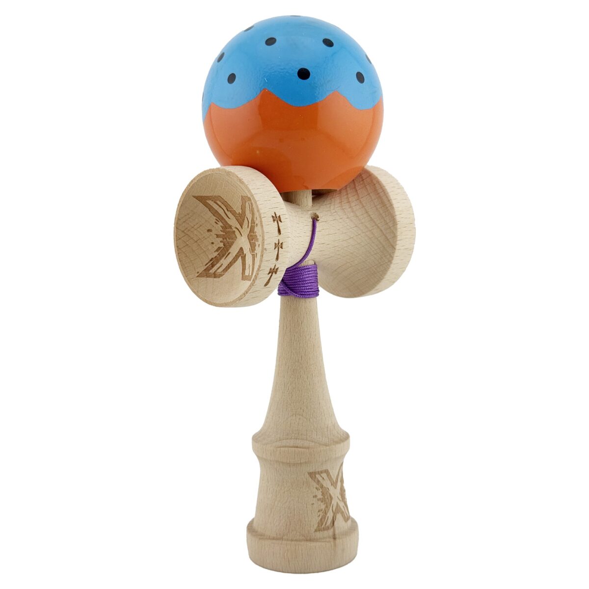 Kendama X Originala, Profesionala, Embo, Big Cups V2, Super Sticky cu Cupe Mari, din lemn 18 cm, Rulment Metalic cu Ata 55 cm, Albastru/Portocaliu - imagine 9