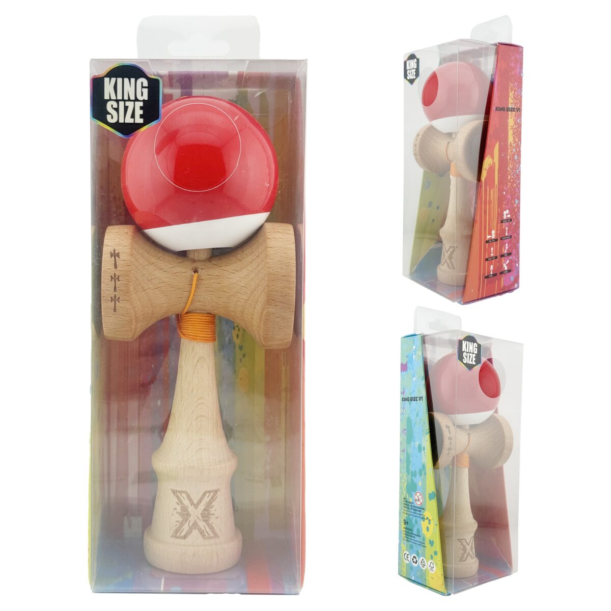 Kendama X Originala, Profesionala, Embo, Big Cups V2, Super Sticky cu Cupe Mari, din lemn 18 cm, Rulment Metalic cu Ata 55 cm, Rosu/Alb - imagine 10