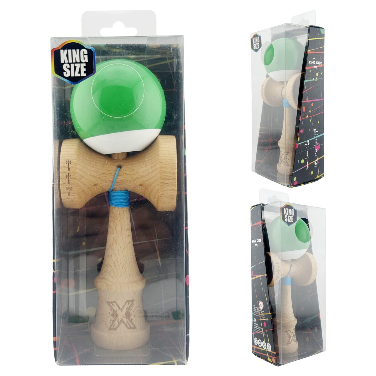 Kendama X Originala, Profesionala, Embo, Big Cups V2, Super Sticky cu Cupe Mari, din lemn 18 cm, Rulment Metalic cu Ata 55 cm, Verde/Alb - imagine 10