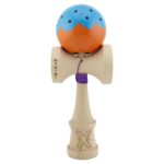 Kendama X Originala, Profesionala, Embo, Big Cups V2, Super Sticky cu Cupe Mari, din lemn 18 cm, Rulment Metalic cu Ata 55 cm, Albastru/Portocaliu