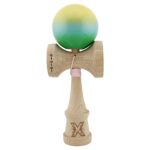 Kendama X Originala, Profesionala, Embo, Big Cups V2, Super Sticky cu Cupe Mari, din lemn 18 cm, Rulment Metalic cu Ata 55 cm, Galben/Albastru/Verde