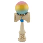 Kendama X Originala, Profesionala, Embo, Big Cups V2, Super Sticky cu Cupe Mari, din lemn 18 cm, Rulment Metalic cu Ata 55 cm, Roz/Galben/Albastru