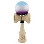 Kendama X Originala, Profesionala, Embo, Big Cups V2, Super Sticky cu Cupe Mari, din lemn 18 cm, Rulment Metalic cu Ata 55 cm, Albastru/Alb/Mov