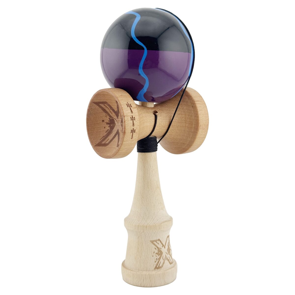 Kendama X Originala, Profesionala, Embo, Big Cups V2, Super Sticky cu Cupe Mari, Rulment Metalic, din lemn 18 cm, Ata 55 cm, Negru/Mov - imagine 2