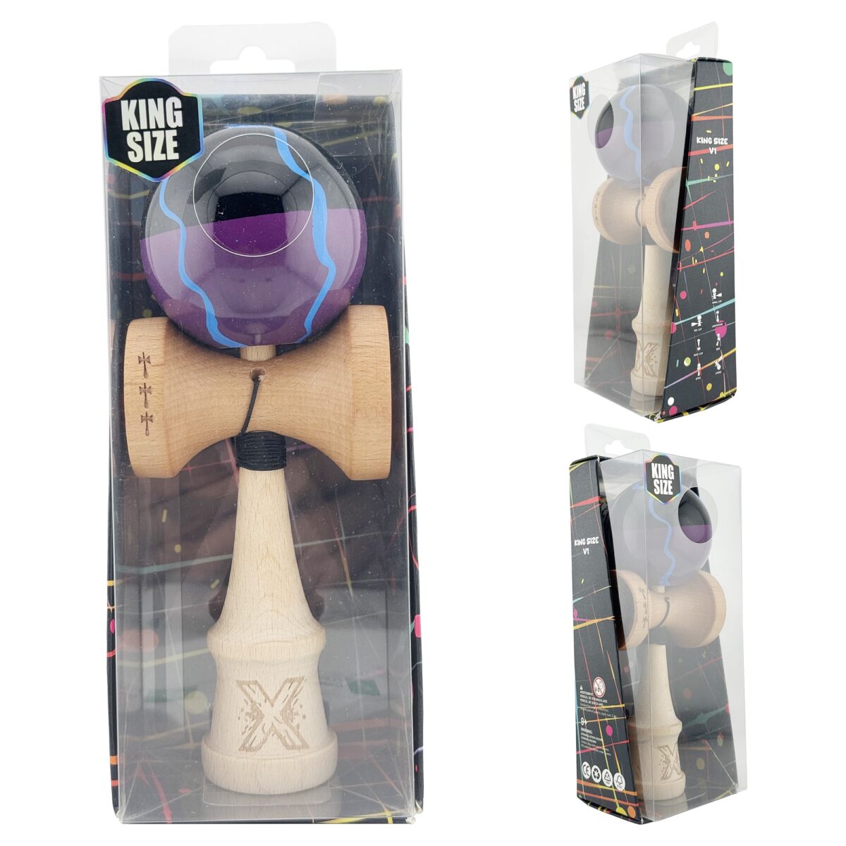 Kendama X Originala, Profesionala, Embo, Big Cups V2, Super Sticky cu Cupe Mari, Rulment Metalic, din lemn 18 cm, Ata 55 cm, Negru/Mov - imagine 5