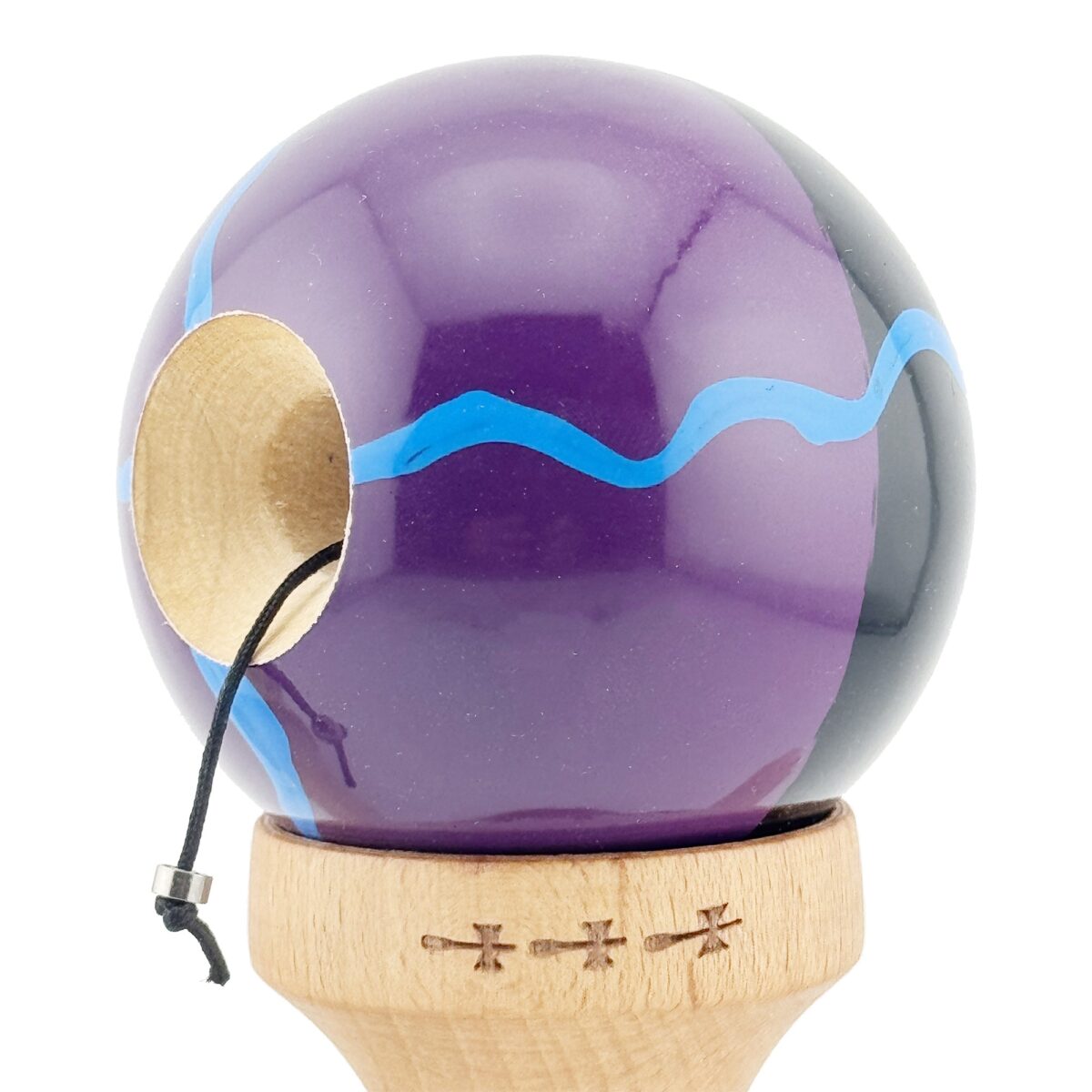 Kendama X Originala, Profesionala, Embo, Big Cups V2, Super Sticky cu Cupe Mari, Rulment Metalic, din lemn 18 cm, Ata 55 cm, Negru/Mov - imagine 6