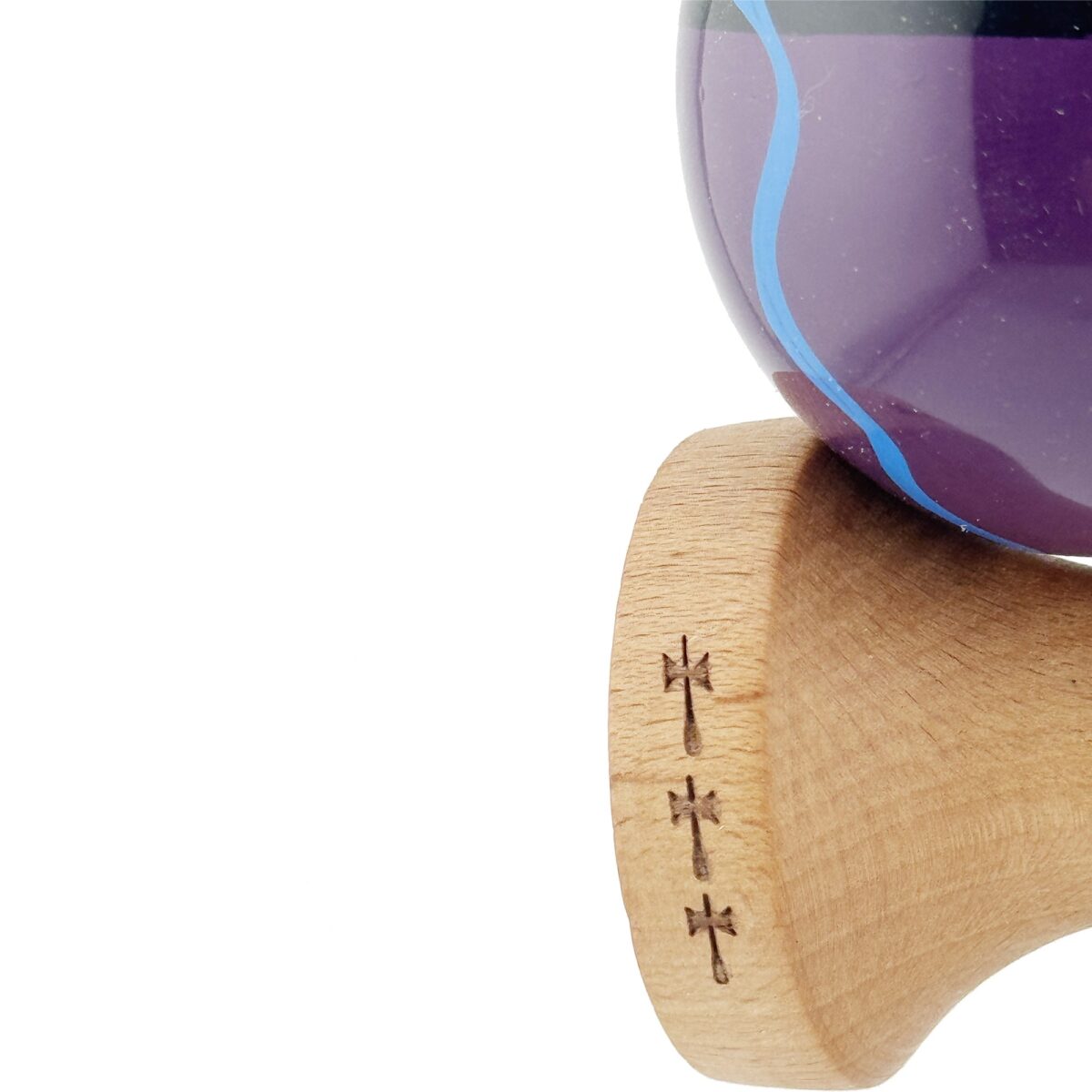 Kendama X Originala, Profesionala, Embo, Big Cups V2, Super Sticky cu Cupe Mari, Rulment Metalic, din lemn 18 cm, Ata 55 cm, Negru/Mov - imagine 7