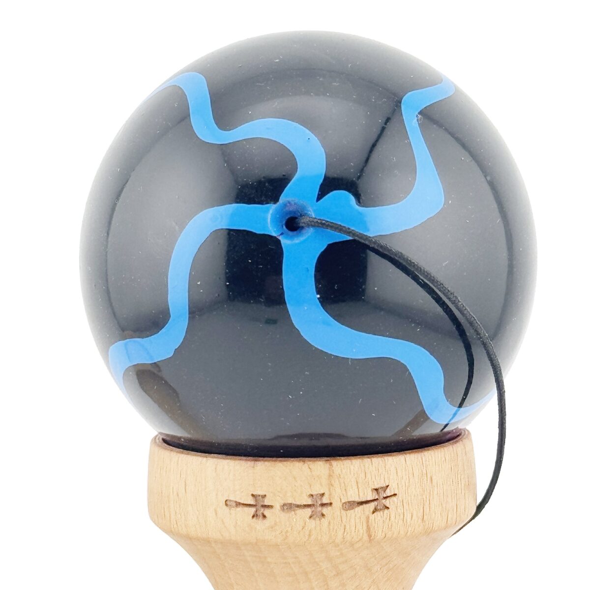 Kendama X Originala, Profesionala, Embo, Big Cups V2, Super Sticky cu Cupe Mari, Rulment Metalic, din lemn 18 cm, Ata 55 cm, Negru/Mov - imagine 9