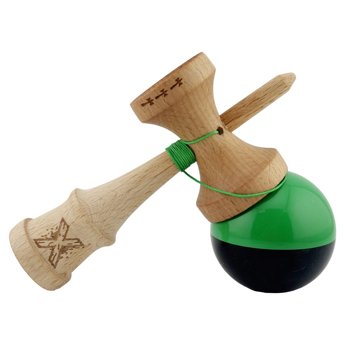 Kendama X Originala, Profesionala, Embo, Big Cups V2, Super Sticky cu Cupe Mari, Rulment Metalic, din lemn 18 cm, Ata 55 cm, Verde/Negru - imagine 3