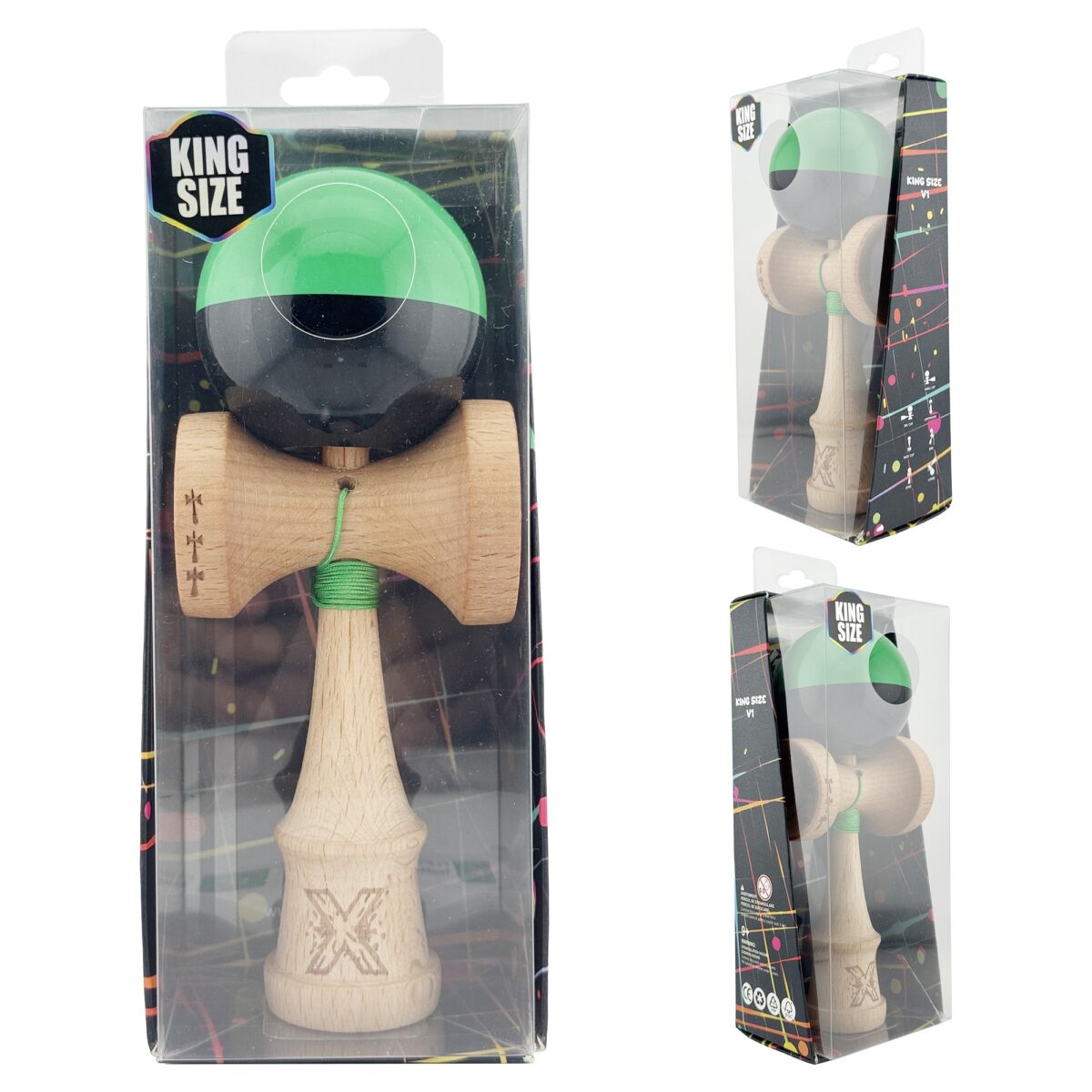 Kendama X Originala, Profesionala, Embo, Big Cups V2, Super Sticky cu Cupe Mari, Rulment Metalic, din lemn 18 cm, Ata 55 cm, Verde/Negru - imagine 4